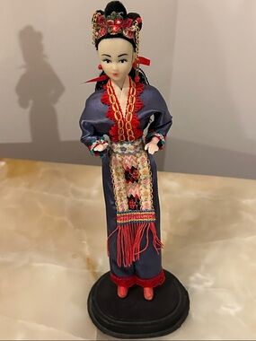 Handcrafted Asian Doll in Navy and Red Costume figurine 11”